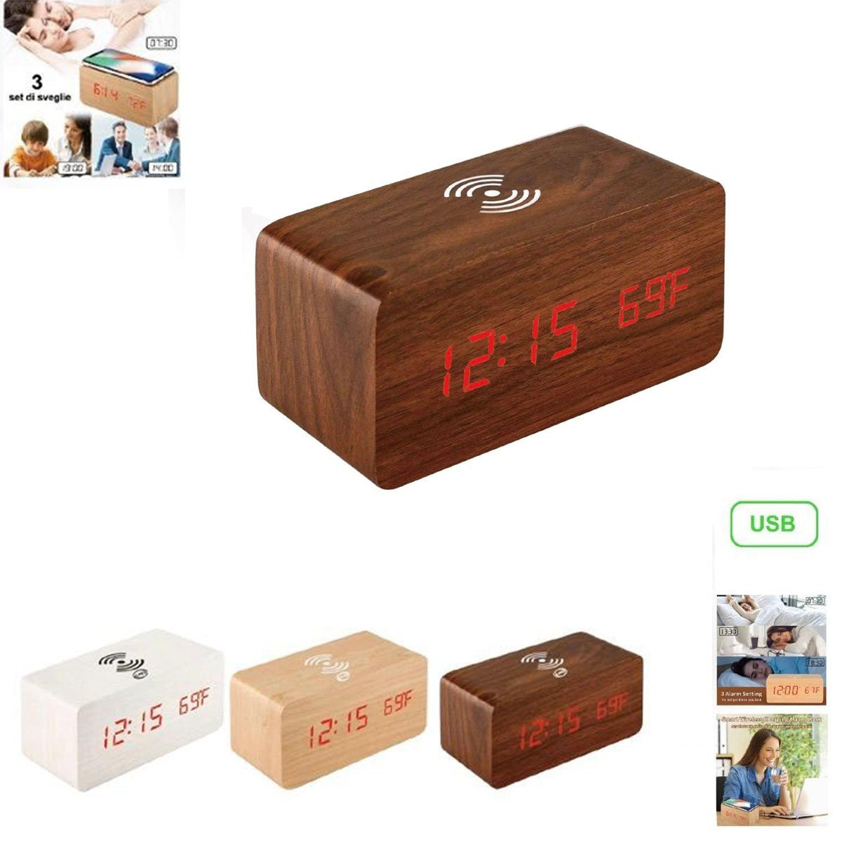 RÉVEIL NUMÉRIQUE MULTIFONCTION BOIS LED RECHARGE SANS FIL TEMPÉRATURE 06724