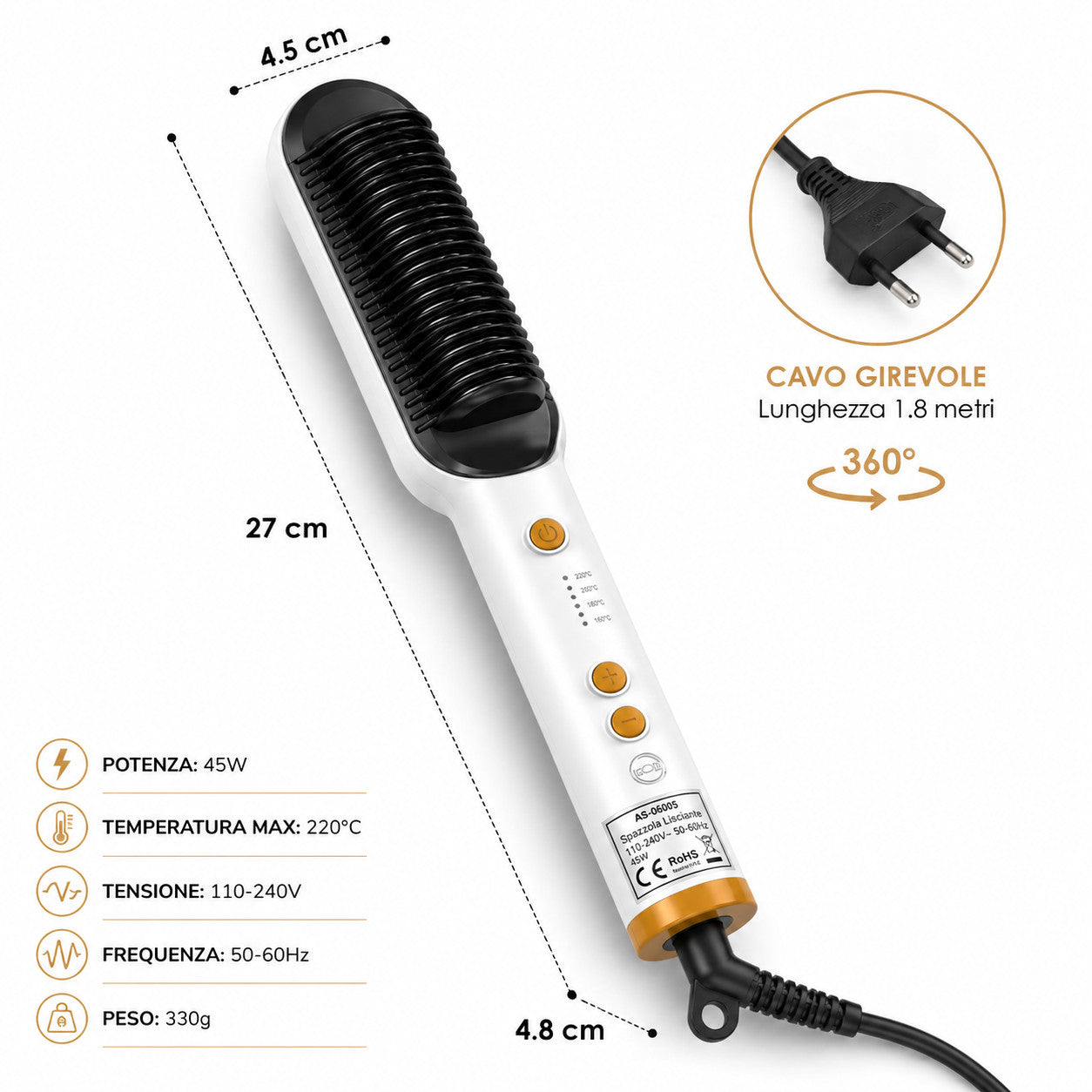 SPAZZOLA LISCIANTE ELETTRICA PER CAPELLI 45W PIASTRA SPAZZOLA STIRANTE AS-06005