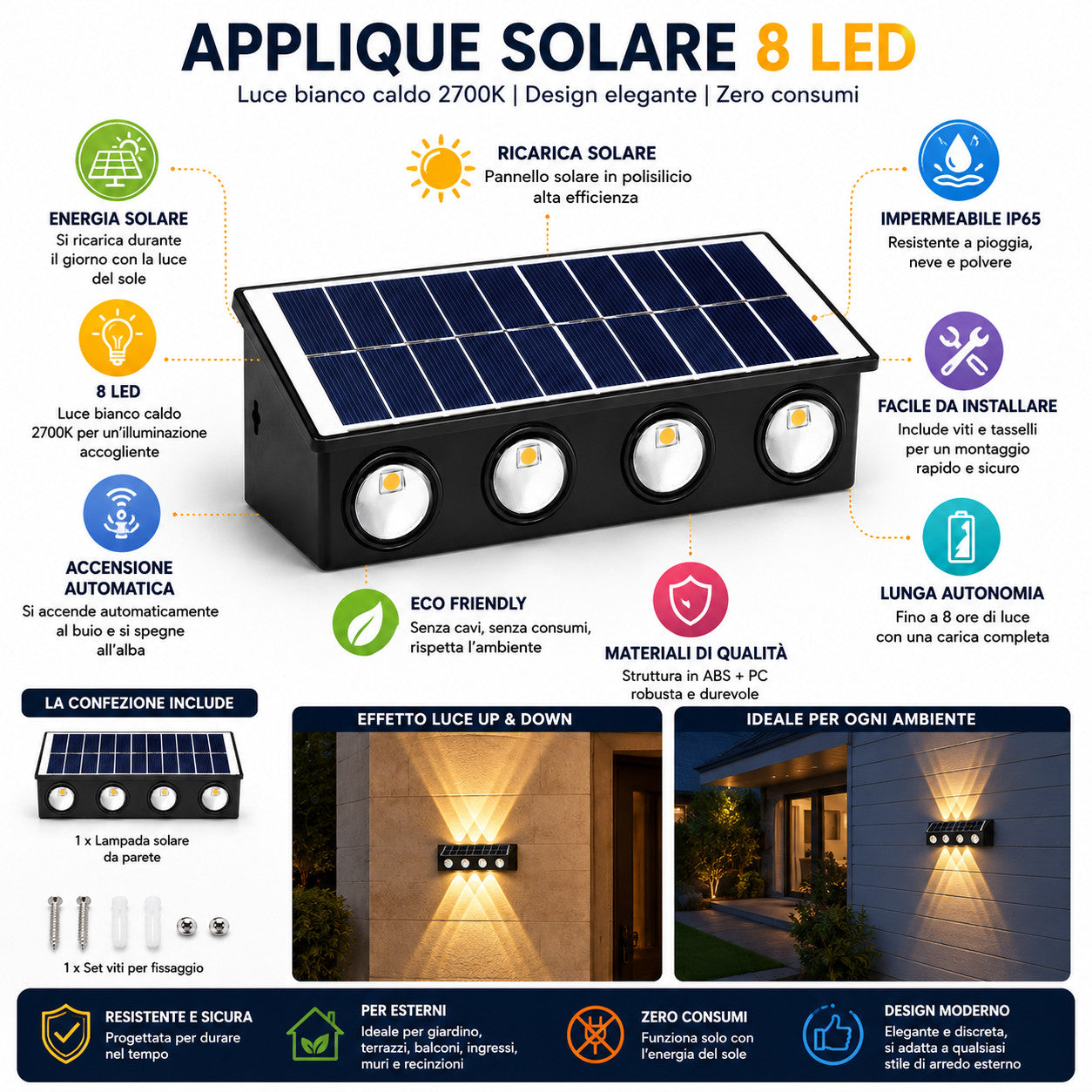 APPLIQUE LAMPE 8 LED MUR MURAL SOLAIRE IP65 BLANC CHAUD JARDIN TE-B0578*