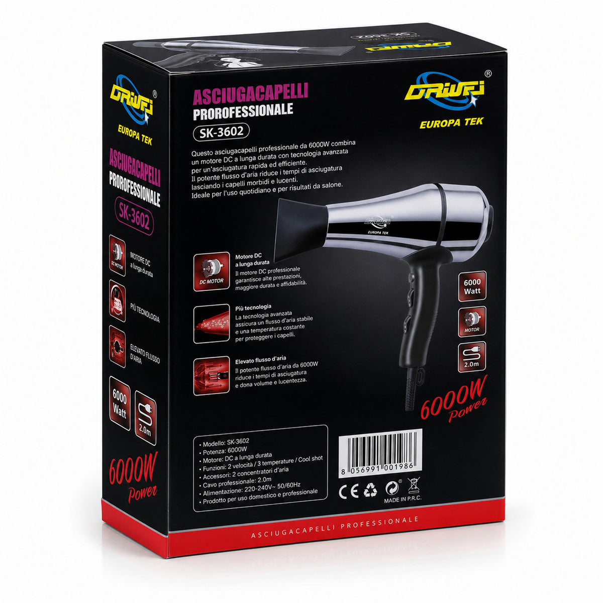 ASCIUGACAPELLI PROFESSIONALE 6000W PHON IONICO CON 2 BOCCHETTE CAPELLI SK-3602