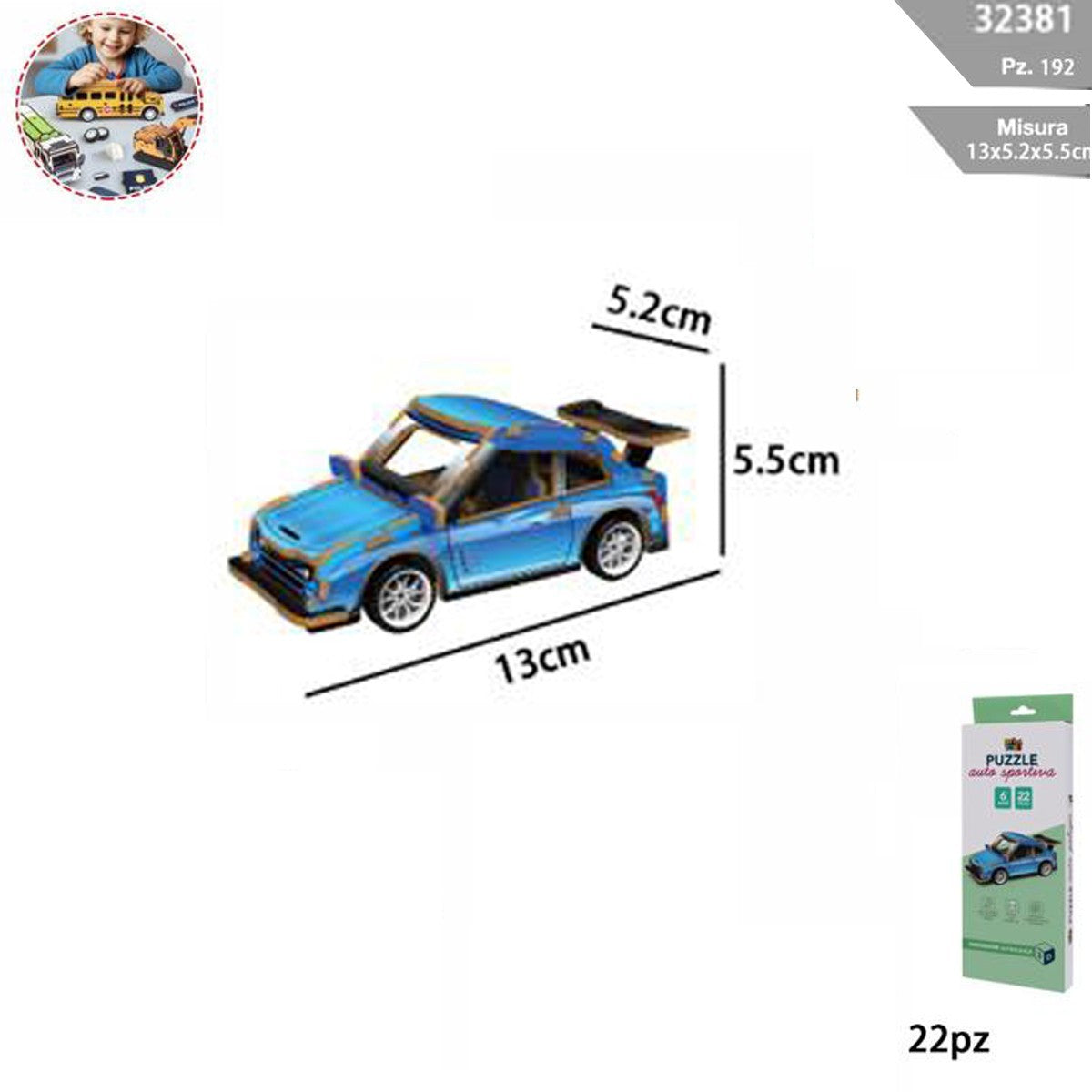 PUZZLE 3D AUTO SPORTIVA LEGNO 22PZ GIOCO COSTRUZIONI BAMBINI MODELLISMO 32381