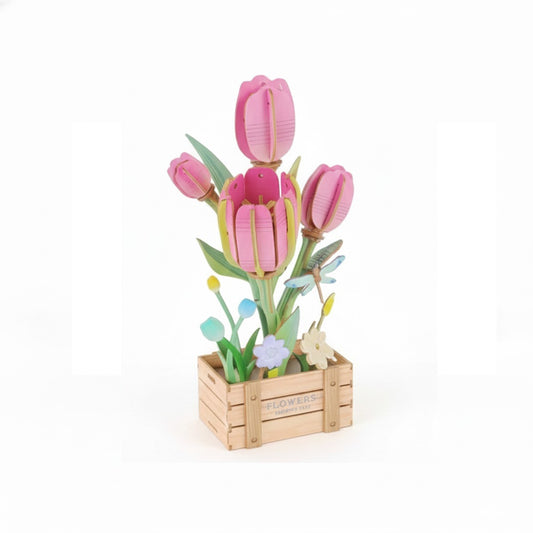 PUZZLE 3D TULIPES ROSES BOIS 75 PIÈCES FLEURS ARTIFICIELLES CONSTRUCTION CADEAU 32387