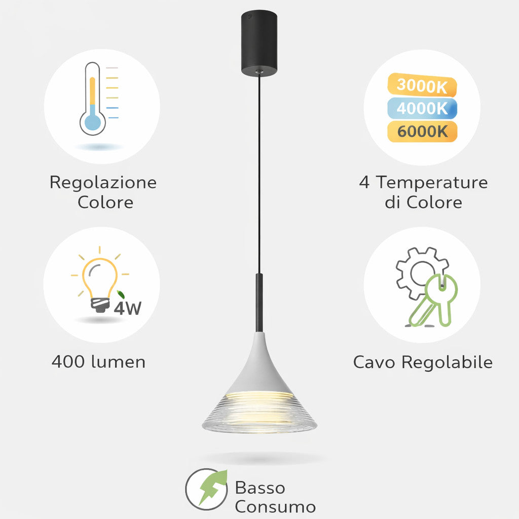 LAMPADA SOSPENSIONE LED 4W REGOLABILE 3 COLORI 3000K 4000K 6000K 400LM LP014