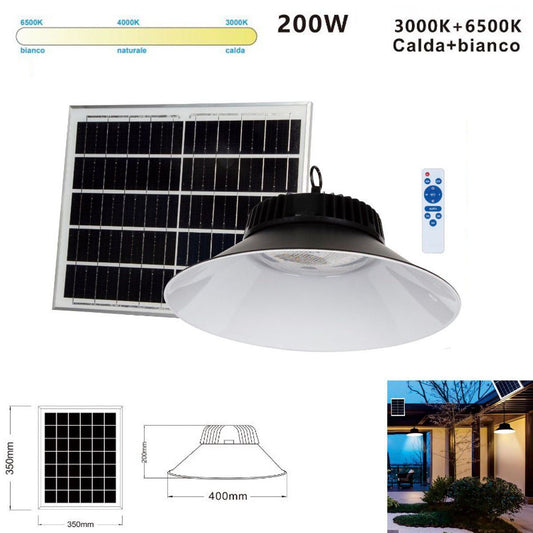 LAMPADA LED SOLARE 200W PANNELLO FOTOVOLTAICO E TELECOMANDO 3CCT IP65 ET-31373