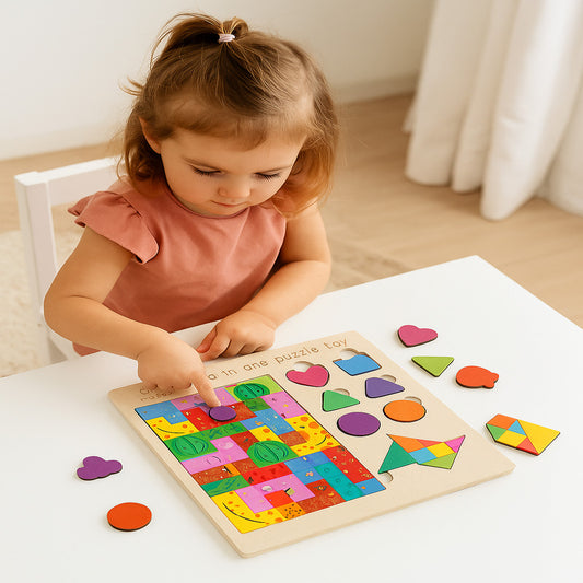 JEU ÉDUCATIF BOIS PUZZLE FORMES COULEURS ENFANTS 3 EN 1 MONTESSORI 22.5CM 07286