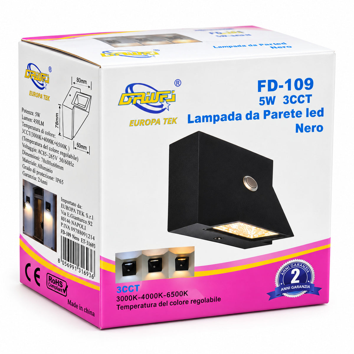 APPLIQUE LED 5W ESTERNO LAMPADA PARETE NERA IP65 3000K 4000K 6000K ET-31693