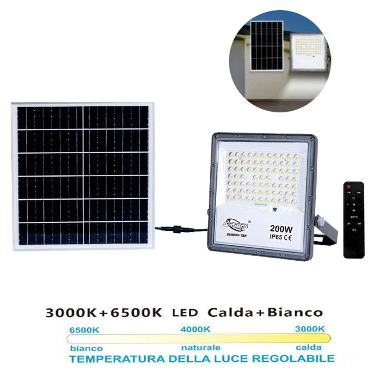PROJECTEUR LED SPOT PANNEAU SOLAIRE CRÉPUSCULAIRE TÉLÉCOMMANDE DE 3000K À 6500K 200W
