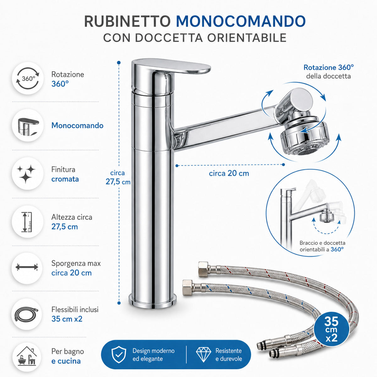 RUBINETTO MISCELATORE BAGNO CUCINA CROMATO MONOCOMANDO 360 GRADI FLESSIBILI 1802