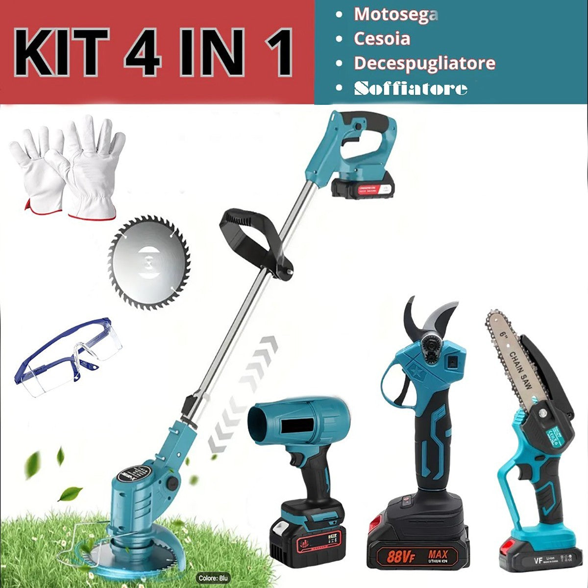 KIT GIARDINAGGIO 4 IN 1 MOTOSEGA CESOIA TAGLIARBA SOFFIATORE 2 BATTERIE 88V