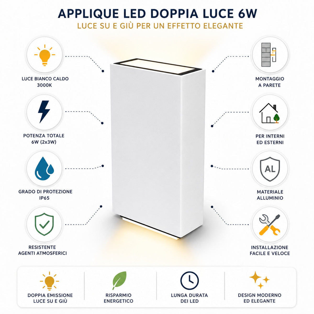 APPLIQUE MURALE LED 6W LAMPE MUR IP65 MODERNE DOUBLE ÉCLAIRAGE CHAUD 3000K 21343