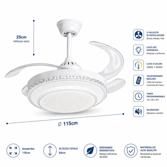 VENTILATORE SOFFITTO LUCE LED 85W PALE SCOMPARSA 48" TELECOMANDO SJ-195