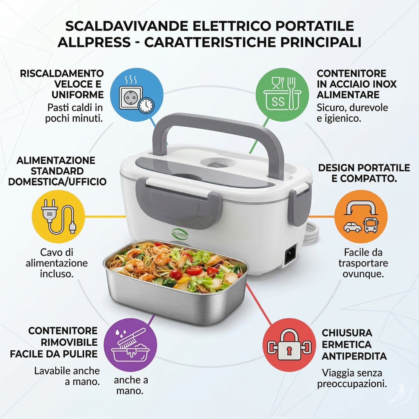 SCALDAVIVANDE ELETTRICO PORTATILE 1.5L 60W PORTAPRANZO RISCLADA TERMICO AS-08128