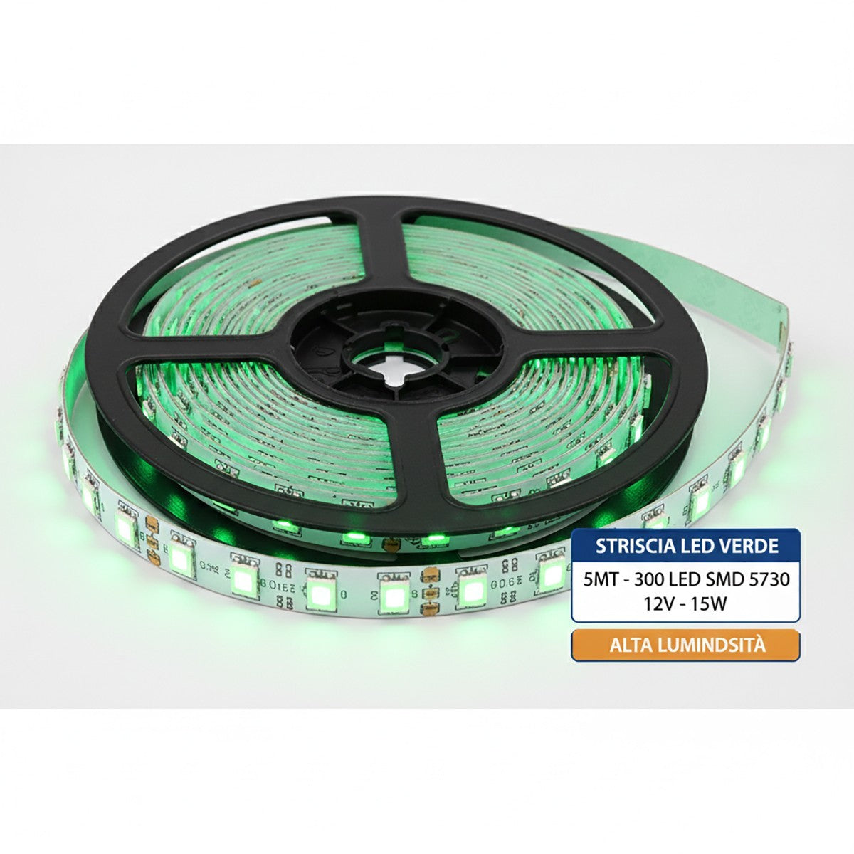 STRISCIA LED VERDE 5MT SMD 5730 ALTA LUMINOSITÀ 12V 15W BOBINA ADESIVA TE-B0489