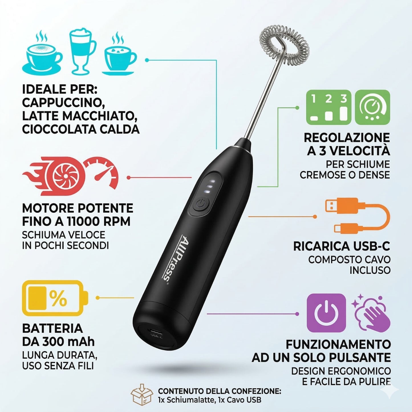 MONTALATTE ELETTRICO USB SCHIUMALATTE SENZA FILI 3 VELOCITA COLAZIONE AS-08114