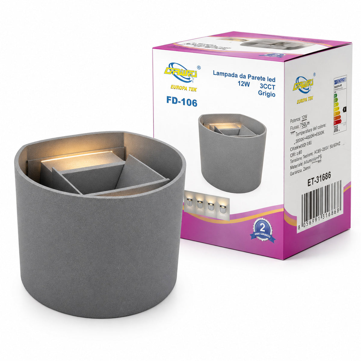APPLIQUE LED 12W GRIGIA IP65 LAMPADA PARETE ESTERNO 3000K 4000K 6000K ET-31686