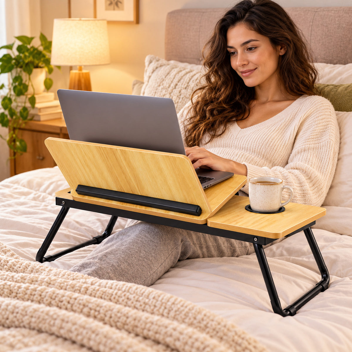 TAVOLINO LETTO PC LAPTOP PIEGHEVOLE PORTA BICCHIERE LEGNO CHIARO DIVANO 31196