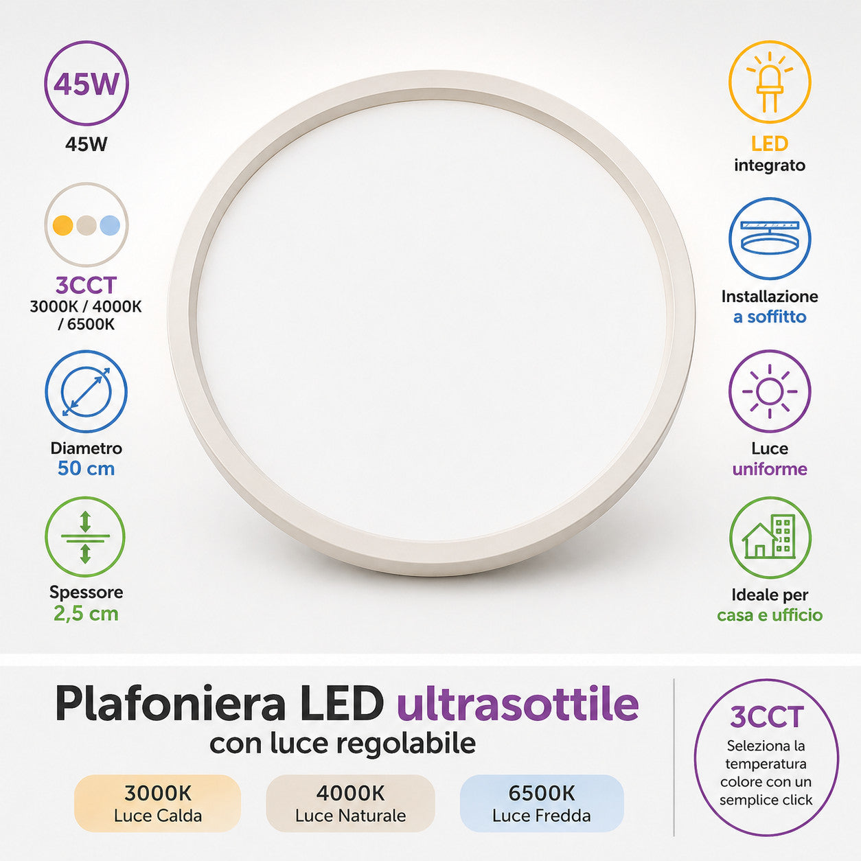 PLAFONIERA LED 45W TONDA Ø50CM LUCE 3000K 4000K 6500K SOFFITTO 3CCT BTL-1001