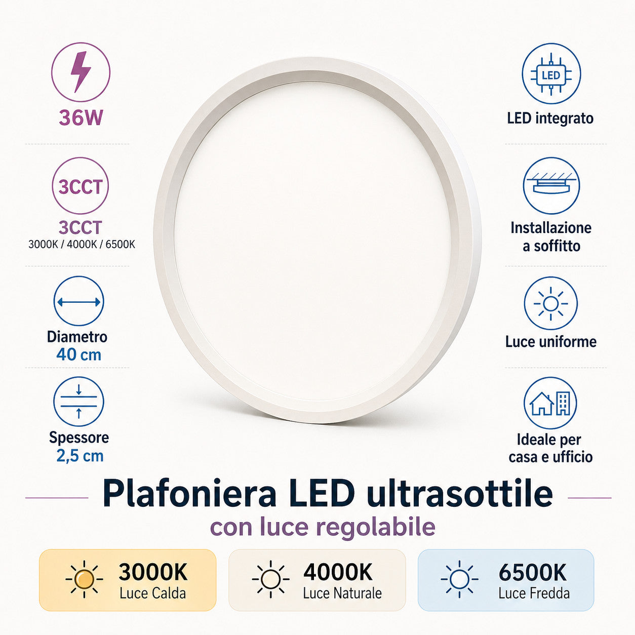 PLAFONIERA LED 36W TONDA Ø40CM 3CCT LUCE 3000K 4000K 6500K SOFFITTO BTL-1001