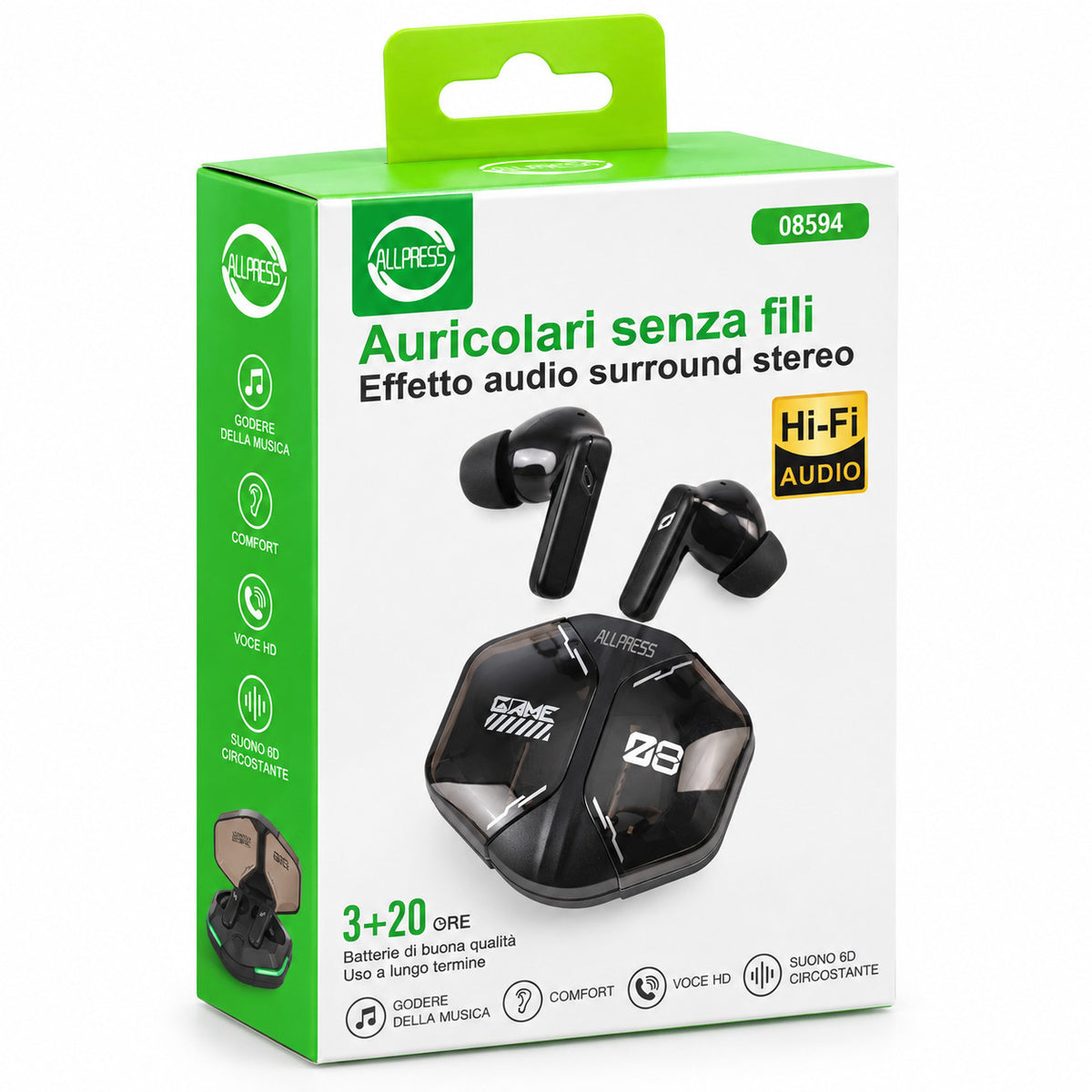 AURICOLARI SENZA FILI HI-FI STEREO 6D CUSTODIA RICARICA USB TWS SPORT AS-08594