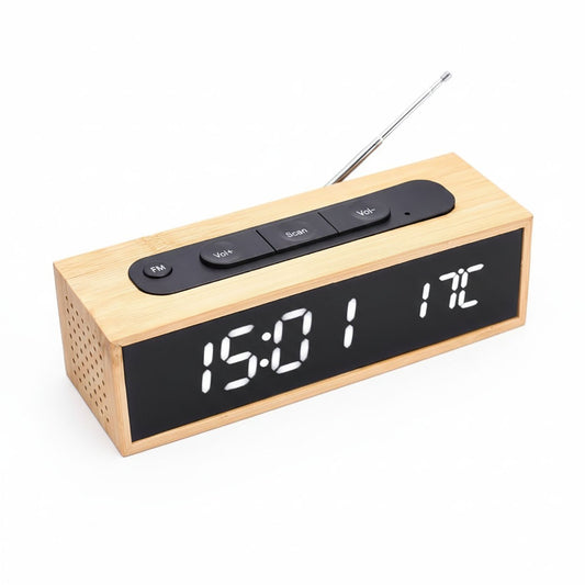 RADIO RÉVEIL HORLOGE DIGITALE FM EN BAMBOU ÉCRAN LED EFFET BOIS 24H 06726