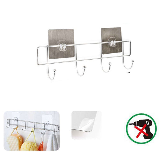 PORTA ASCIUGAMANI CON 4 GANCI BAGNO PARETE SALVIETTE GANCIO CASA ADESIVO 03482