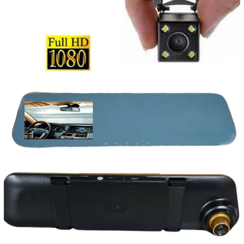 SPECCHIETTO RETROVISORE MONITOR DVR REGISTRA RETROMARCIA 2 TELECAMERE AUTO ORO