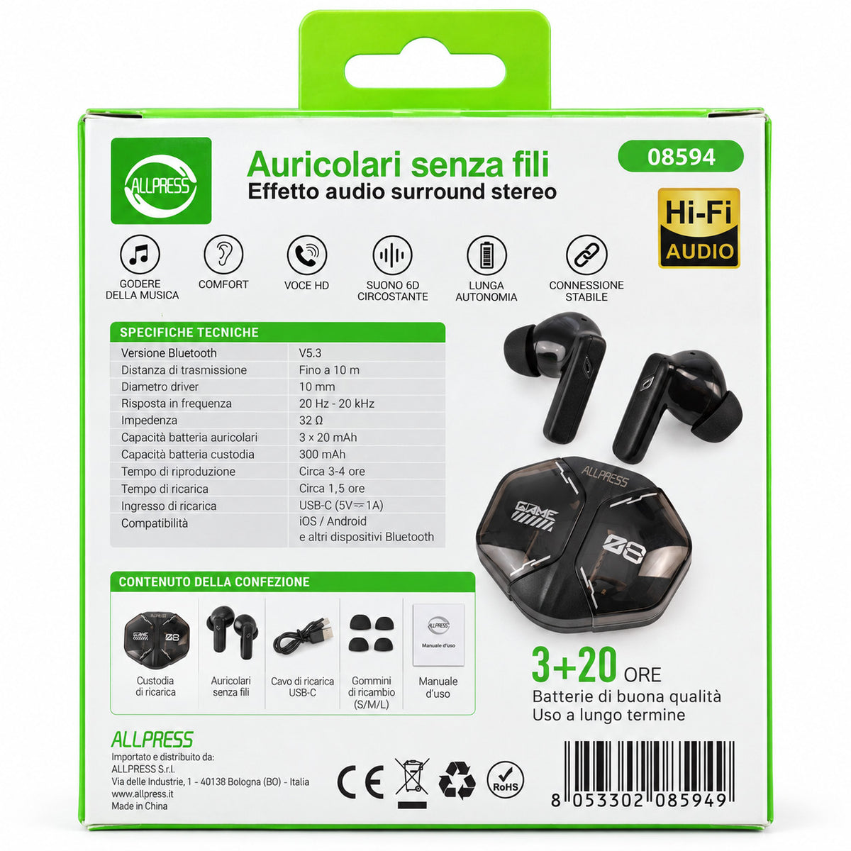 AURICOLARI SENZA FILI HI-FI STEREO 6D CUSTODIA RICARICA USB TWS SPORT AS-08594