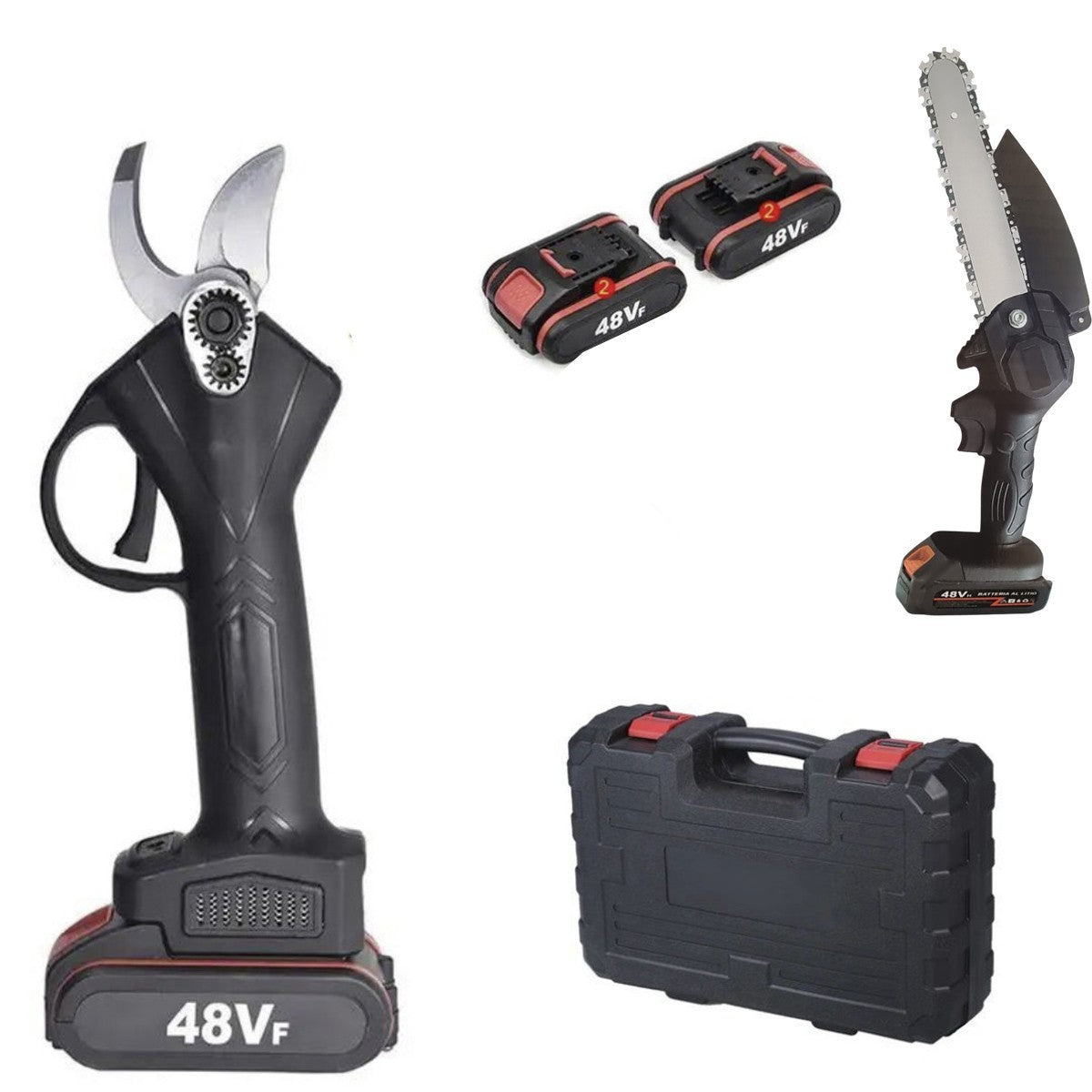 KIT 2 FORBICE A BATTERIA DA POTATURA E MOTOSEGA 4" VALIGIA CESOIA 48V 2 BATTERIE