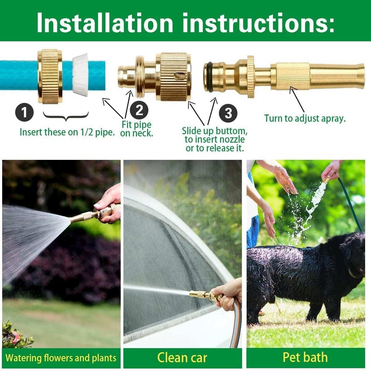 UGELLO OTTONE PISTOLA SPRUZZO UGELLI TUBO FLESSIBILE DA 1/2 PER GIARDINO AUTO