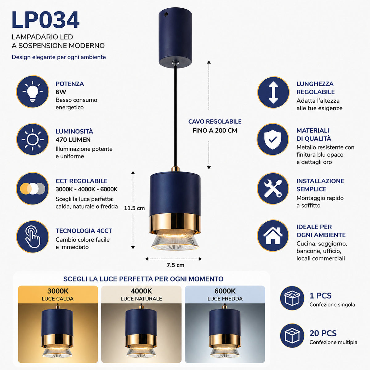 LUSTRE SUSPENSION LED MODERNE BLEU OR 6W CCT RÉGLABLE 3000K-6000K LP034