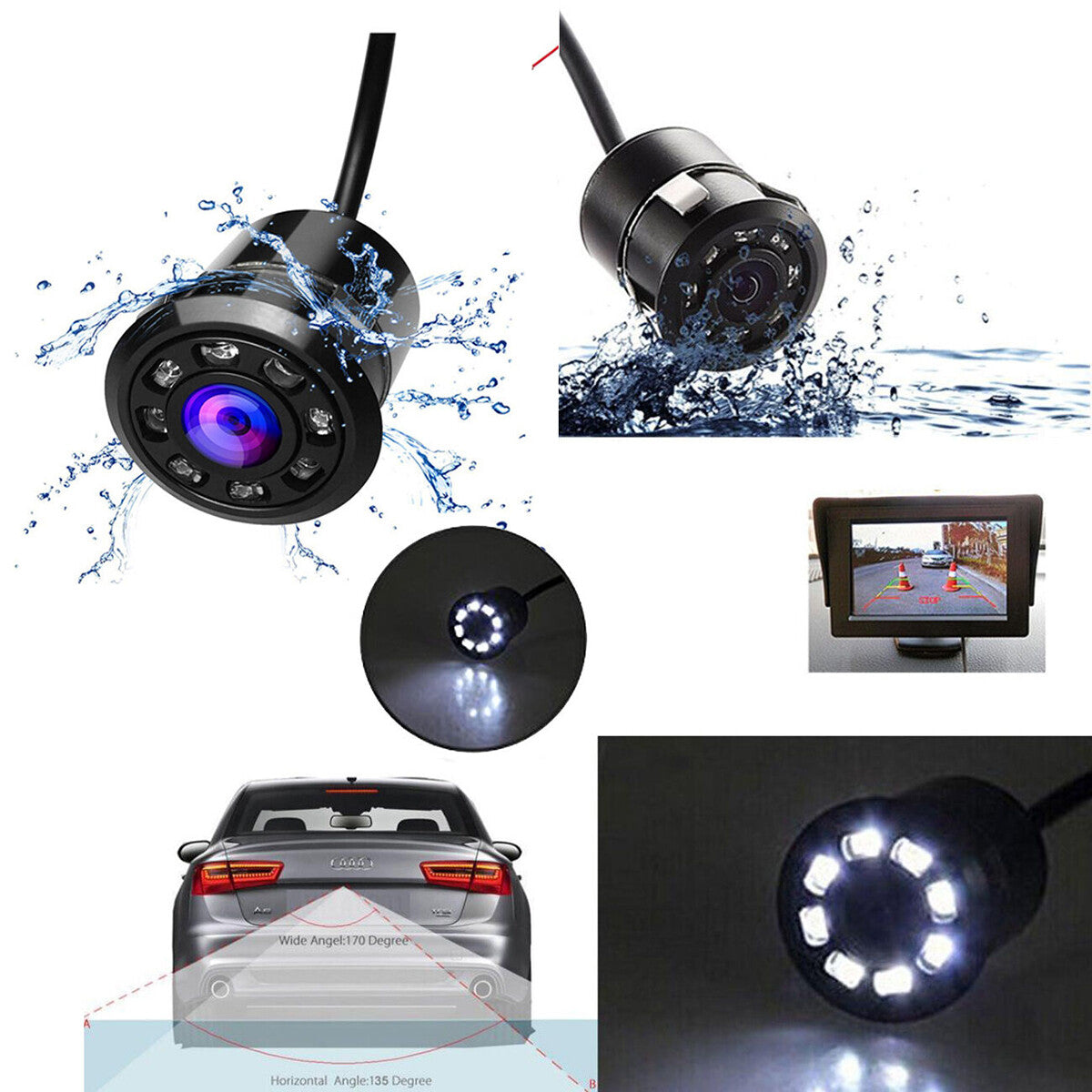 CAMÉRA DE RECUL 170° MARCHE ARRIÈRE 8 LED À RESSORT MINI COULEUR VOITURE SUV