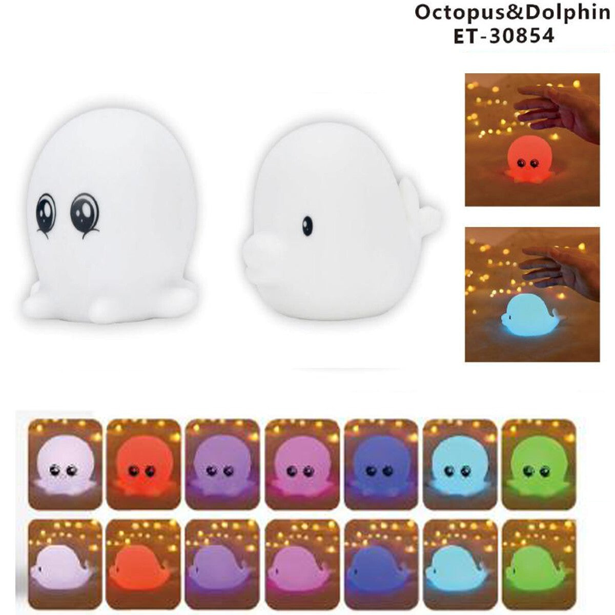 LUMINO LAMPE DE NUIT LED SILICONE TABLE CHEVET ENFANTS RGB DAUPHIN ET PIEUVRE