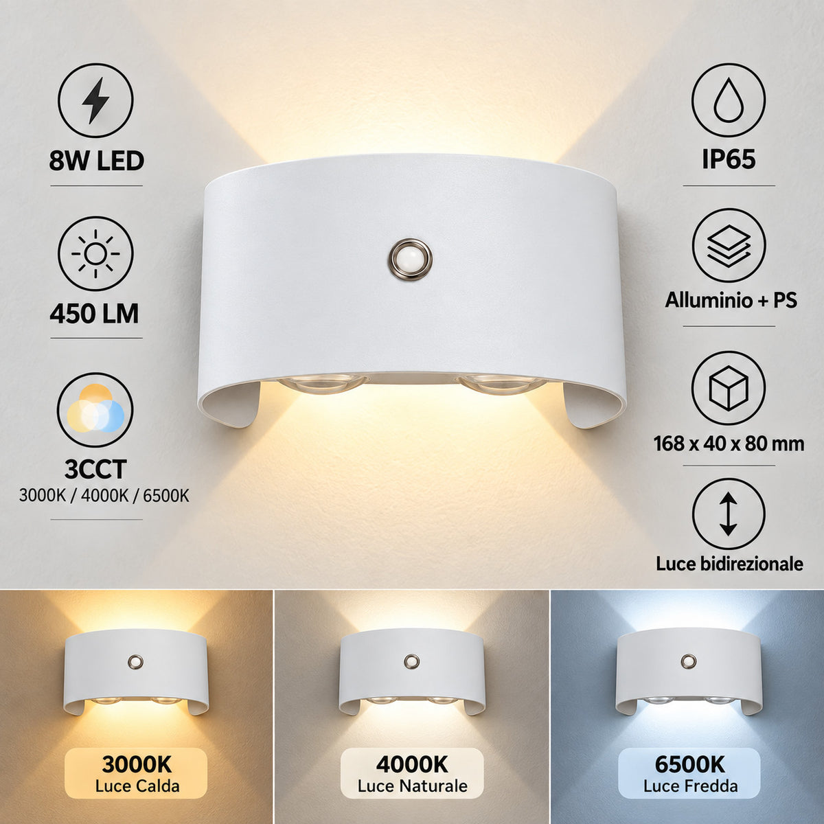 APPLIQUE LED 8W BIANCA IP65 LAMPADA PARETE ESTERNO 3000K 4000K 6000K ET-31670