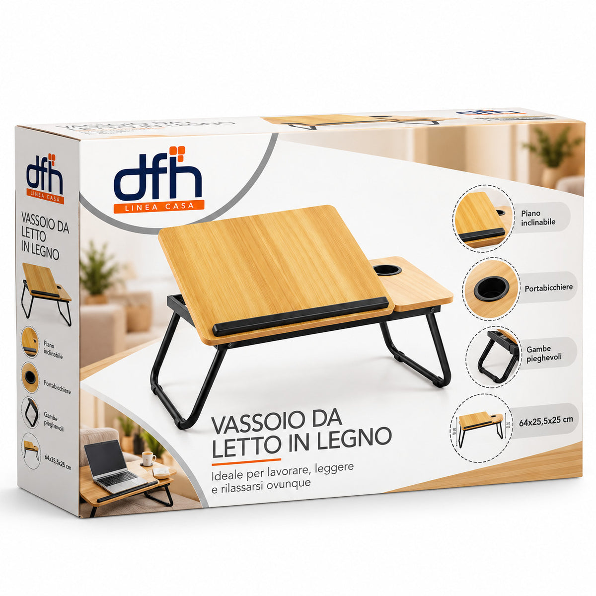 TAVOLINO LETTO PC LAPTOP PIEGHEVOLE PORTA BICCHIERE LEGNO CHIARO DIVANO 31196