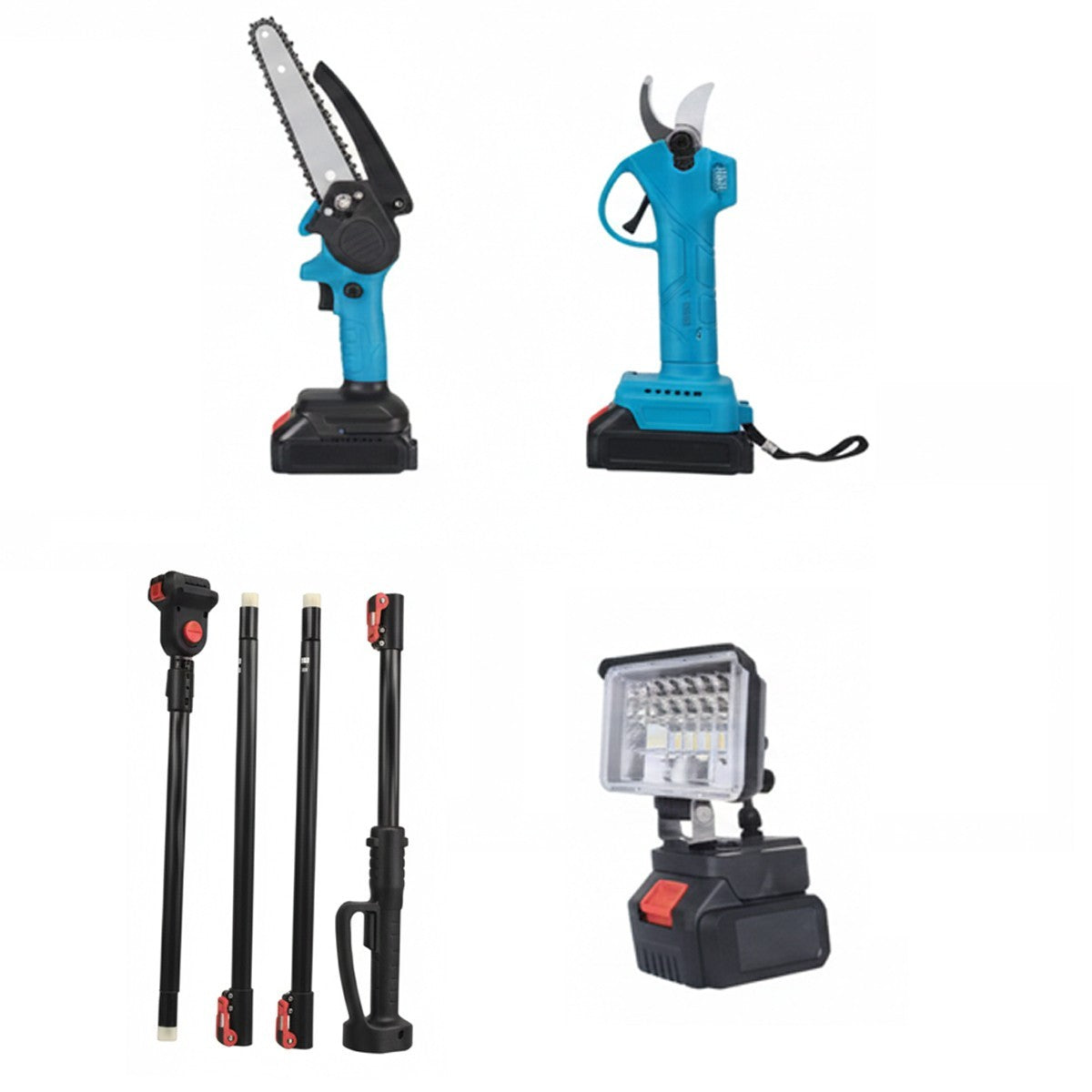 KIT DE TAILLE 3 EN 1 TRONÇONNEUSE CISEAUX PERCHE TÉLESCOPIQUE BATTERIE LAMPE BS-92014