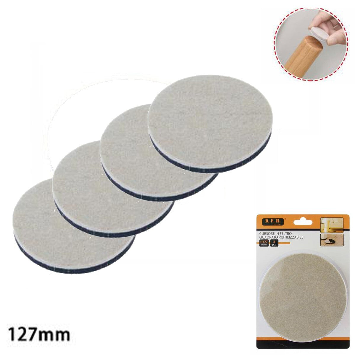 4 PATINS RONDS EN FEUTRE POUR PROTECTION MEUBLES CHAISES FEUTRINES 127MM 74247
