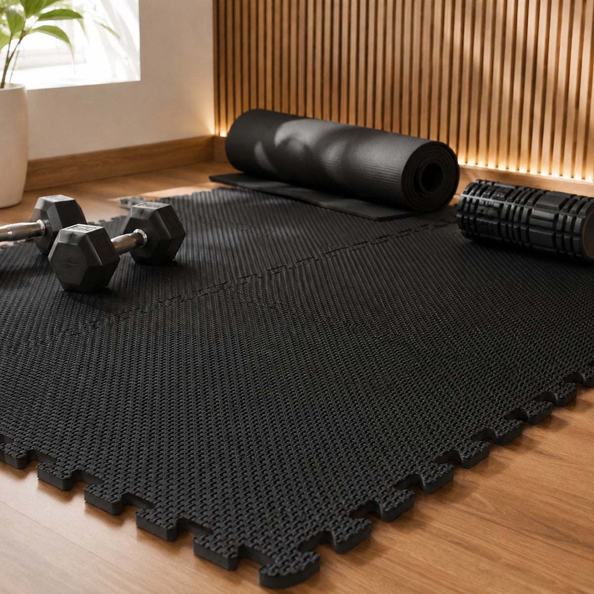 TAPIS PUZZLE 10 PIÈCES À EMBOÎTER 29,5X29,5X0,8CM EN MOUSSE EVA NOIR FITNESS