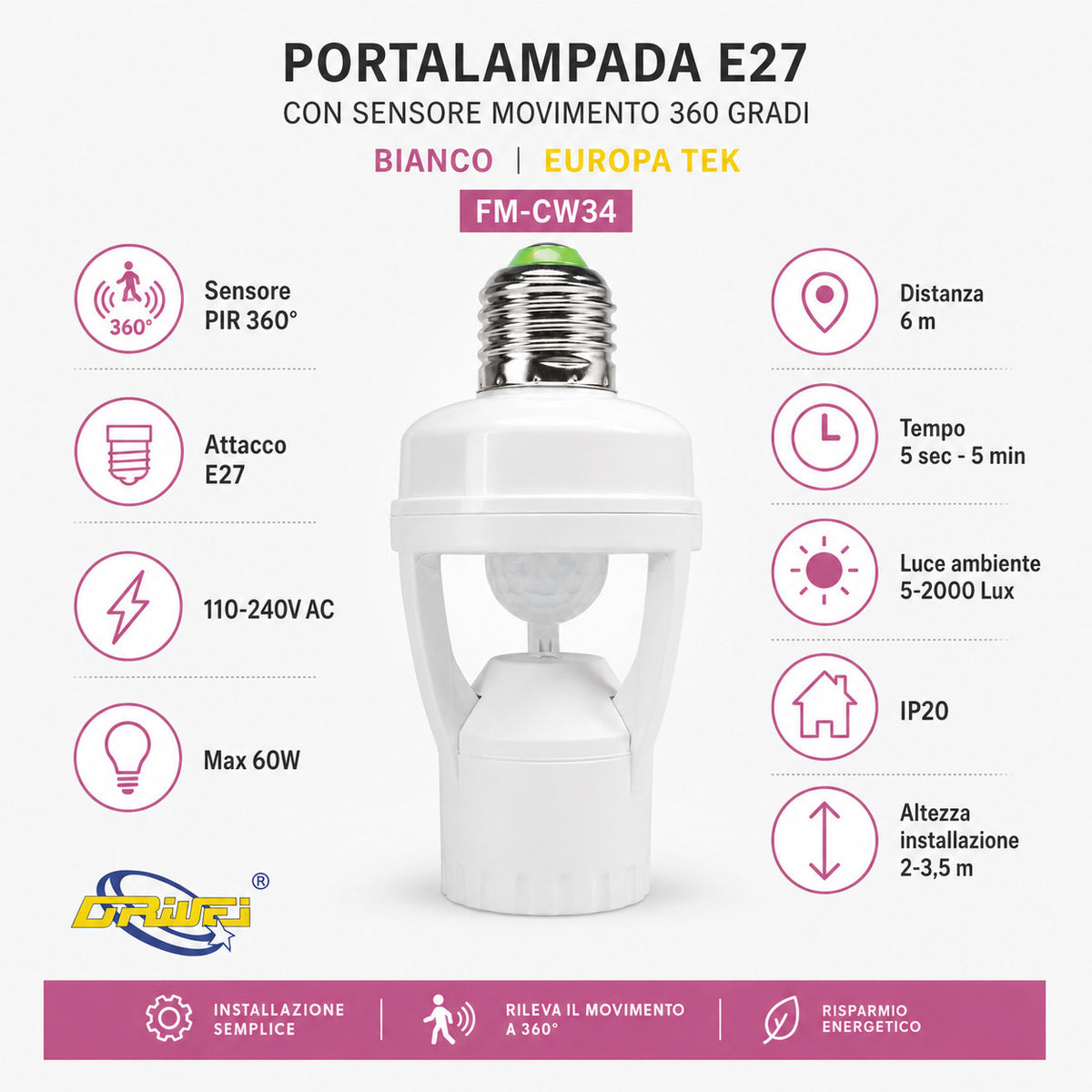 PORTALAMPADA ATTACCO E27 CON SENSORE MOVIMENTO 360 GRADI BIANCO IP 20 FM-CW34