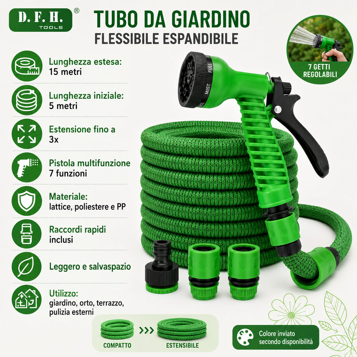 TUBO DA GIARDINO PIANTE FLESSIBILE ESTENSIBILE 15 METRI CON PISTOLA 7 FUNZIONI