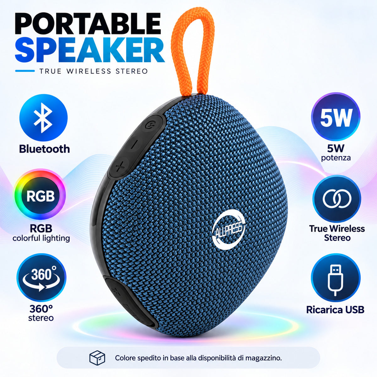 CASSA SPEAKER BLUETOOTH PORTATILE RGB 5W TWS LACCETTO USB RICARICABILE AS-08035
