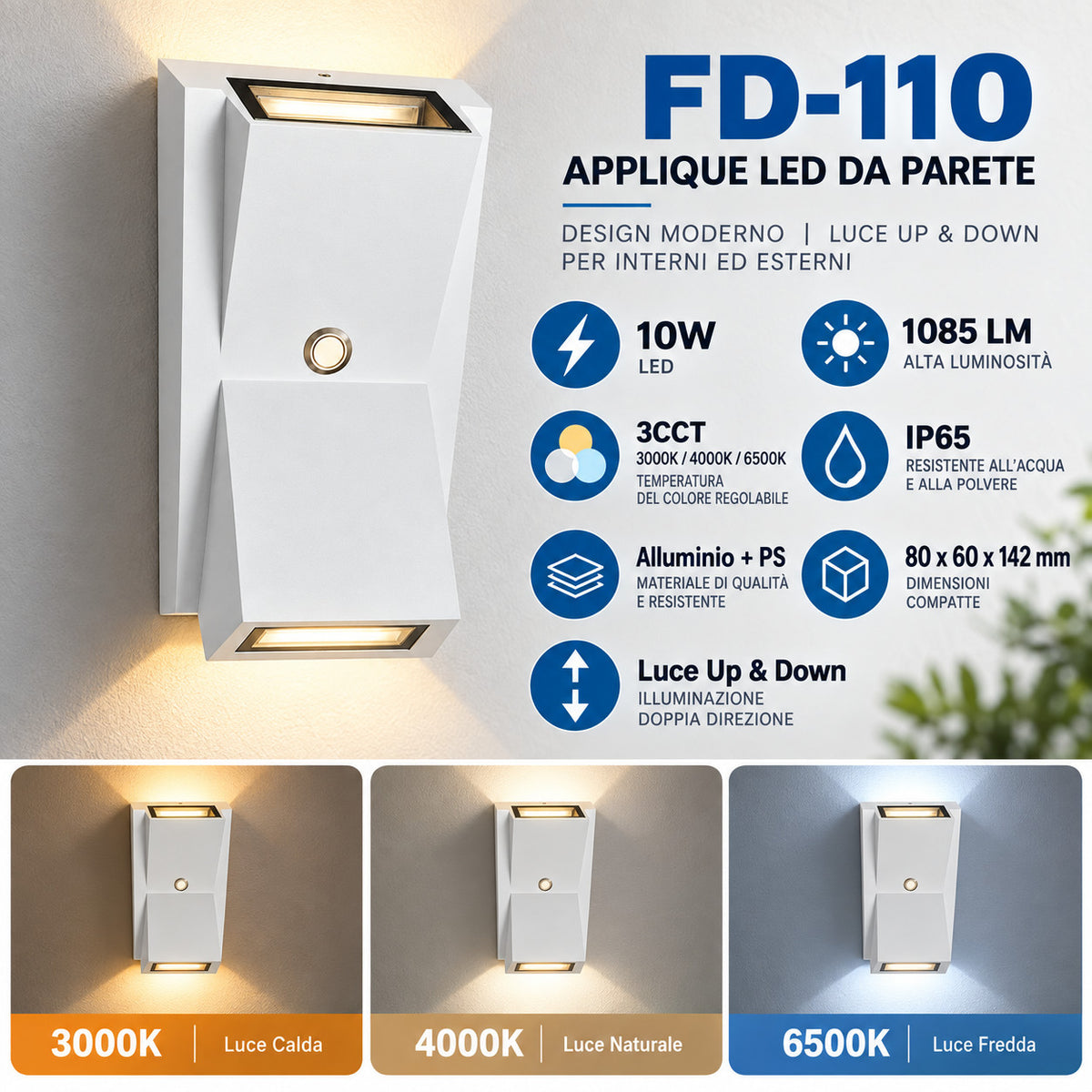APPLIQUE LED 10W ESTERNO LAMPADA PARETE BIANCA IP65 3000K 4000K 6000K ET-31697