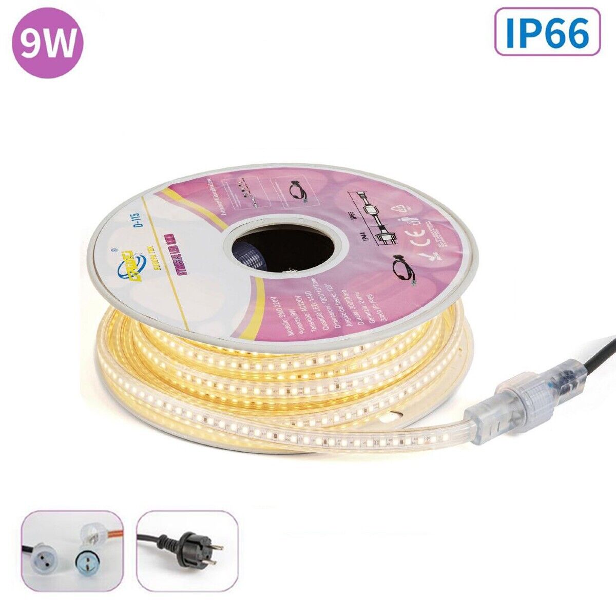 STRISCIA LED SMD 9W 10MT IP66 IMPERMEABILE LUCE BIANCO NATURALE ESTERNO INTERNO