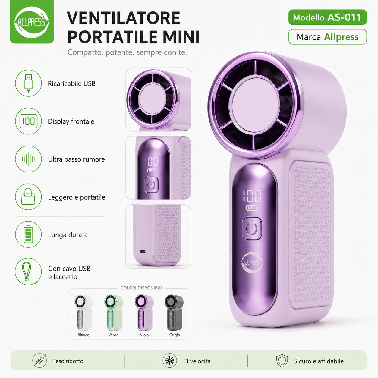 MINI VENTILATORE PORTATILE USB RICARICABILE DISPLAY VIAGGIO VELOCITA' CASA