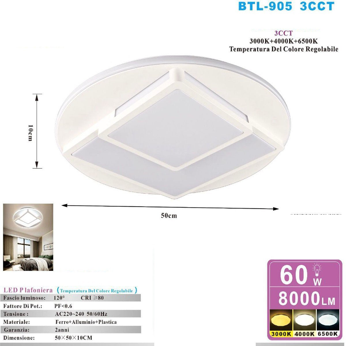 PLAFONIERA LED 60W 3CCT 3000K 4000K 6500K 8000LM DESIGN GEOMETRICO 50CM ET-31642