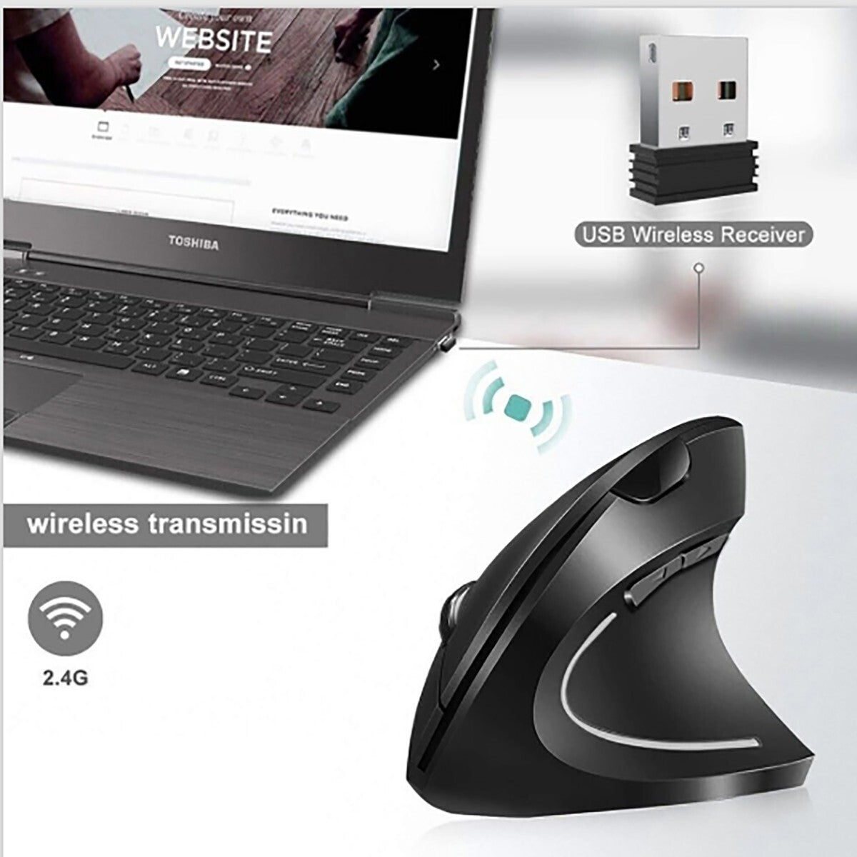 MOUSE VERTICALE WIRELESS ERGONOMICO POLSO TUNNEL CARPALE 5 TASTI D5 3600 DPI