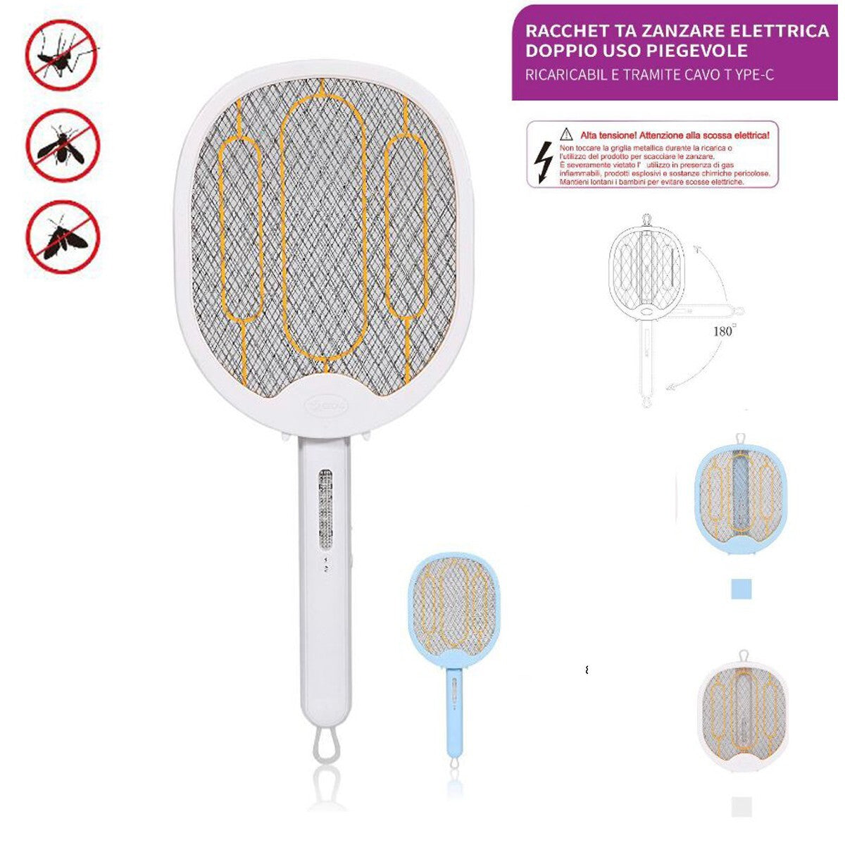 RACCHETTA ZANZARIERA ELETTRICA RICARICABILE ANTI ZANZARE LED UV PIEGHEVOLE