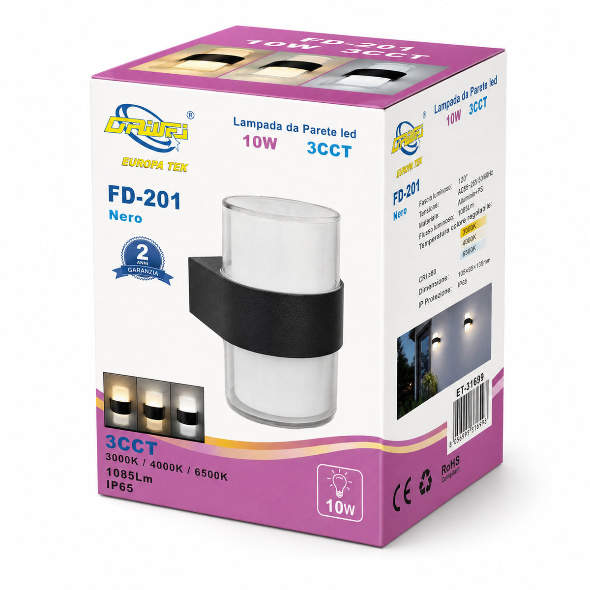 APPLIQUE LED 10W ESTERNO LAMPADA PARETE NERO IP65 3000K 4000K 6000K ET-31699