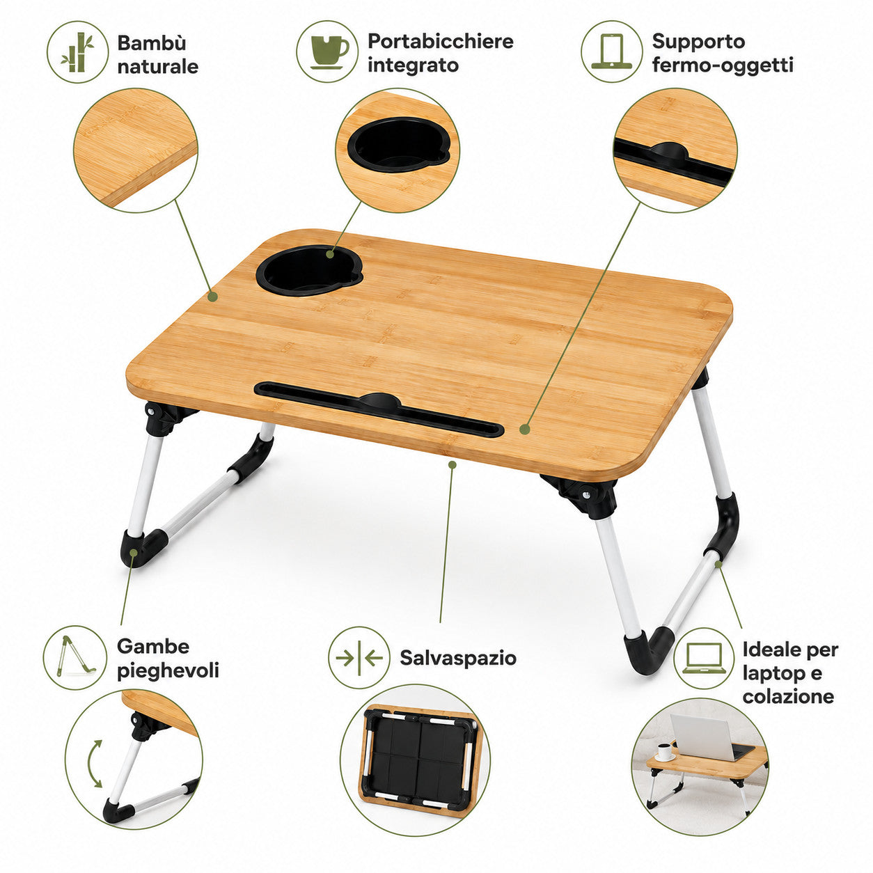 TAVOLINO VASSOIO LETTO DIVANO PC TABLET PIEGHEVOLE IN LEGNO COLAZIONE