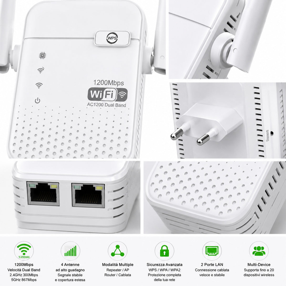 AMPLIFICATORE SEGNALE RIPETITORE WIFI 1200 MBPS EXTENDER DUAL BAND 2.4GHZ 5 GHZ