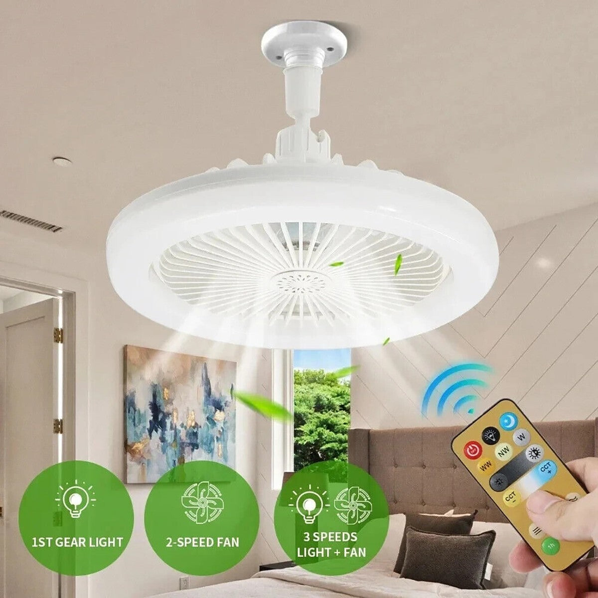 VENTILATORE PLAFONIERA LED DA SOFFITTO E27 REGOLABILE TELECOMANDO 30W AS-01579